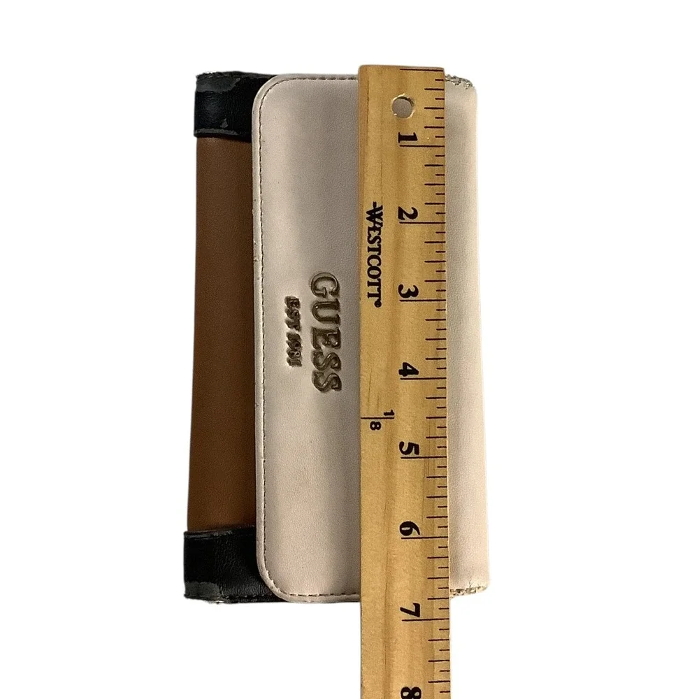 GUESS Tri-Fold Wallet Womens Tan Cream Black Colorblock Logo Faux Leather